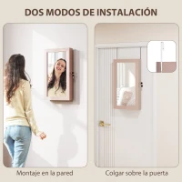 HOMCOM Espejo Joyero de Pared con Cerradura y Varios Compartimentos Montar en Pared o Puerta Rosa y Forro Beige(m-6)