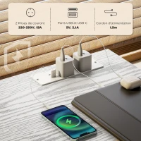 HOMCOM Bureau avec rangement avec prises de courant, 3 tiroirs en tissu et 4 étagères de rangement, 120 x 40 x 76 cm, blanc(m-5)