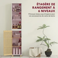 HOMCOM Colonne salle de bain, meuble salle de bain rangement avec porte à lattes en bambou et compartiments ouverts, blanc(m-4)