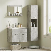 kleankin Set Mobili Bagno da 4 Pezzi con Lavabo da 60cm, Mobiletto, Colonna Bagno e Specchiera in Legno, Grigio(m-2)