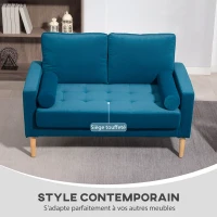 HOMCOM Canapé 2 places moderne en velours 127 cm avec coussins épais, 2 oreillers et assise capitonnée, bleu(m-5)