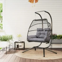 Outsunny Hängestuhl, Faltbarer Korbstuhl mit Kissen, Stahlrahmen, für drinnen und draußen, bis zu 260 kg belastbar, Dunkelgrau(m-2)