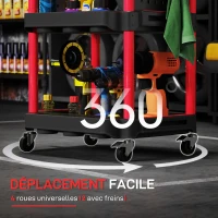 HOMCOM Chariot d'atelier servante atelier à 3 niveaux pour garage, entrepôt, outils de bricolage, charge 91 Kg, noir et rouge(m-5)