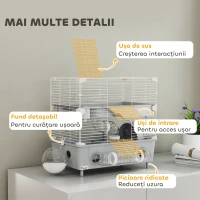 PawHut Cușcă pentru Hamsteri cu 2 Niveluri și 3 Uși, cu Roată, Gri și Alb(m-6)