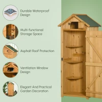 Outsunny Garden Shed Vertical Utility 3 Shelves Shed Wood Outdoor Garden Tool Storage Unit Storage Cabinet, 77 x 54.2 x 179cm - Natural(m-4)