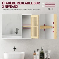 HOMCOM Armoire de salle de bain avec miroir, étagère, porte à lattes en bambou et étagère réglable, blanc(m-6)