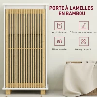 HOMCOM Meuble salle de bain avec panier à linge, porte à lattes en bambou et sac amovible, blanc et effet bois naturel(m-6)