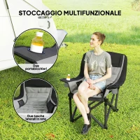 Outsunny Sedia da Campeggio Pieghevole con 2 Portabicchieri e Tasche Laterali, 99x71x103 cm, Grigio e Nero(m-5)