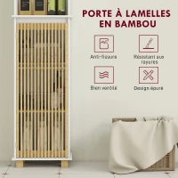 HOMCOM Colonne salle de bain, meuble salle de bain rangement avec porte à lattes en bambou et compartiments ouverts, blanc(m-5)
