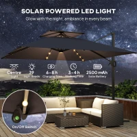 Outsunny 3.5x3 m Garden Cantilever Parasol with Solar LED Lights and Centre Light, Aluminium Large Square Patio Umbrella, UPF50+ Hanging Sun Shade with Cross Base, Crank Handle and Tilt, Grey(m-4)