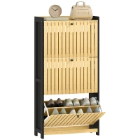 HOMCOM Meuble à chaussures 18 paires avec 3 tiroirs rabattables, portes en bambou à lattes, 60x24x118cm, noir et bois naturel(m-10)