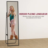 HOMCOM Miroir sur pied 148,5 x 40 cm rectangulaire avec étagère arrière, 2 crochets et cadre en métal, noir(m-4)