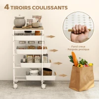 HOMCOM Desserte cuisine, chariot de rangement à roulettes 5 niveaux avec 4 tiroirs coulissants, étagère de rangement, blanc(m-4)