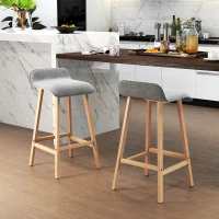HOMCOM Conjunto de 2 Taburetes de Bar Tapizado en Lino Sintético Taburetes Altos de Cocina con Reposapiés y Patas de Madera Carga 120 kg 40x41,5x75,5 cm Gris y Natural(m-7)