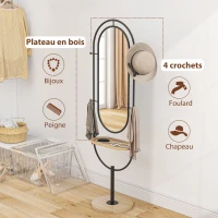 HOMCOM Miroir sur pied ovale avec plateau en bois, 4 crochets et cadre en métal, 50 x 40 x 175,5 cm, noir(m-5)