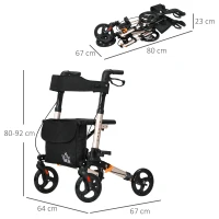HOMCOM 4 Wheel Rollator with Seat and Back, Folding Mobility Walker with Carry Bag, Adjustable Height, Dual Brakes, Cane Holder, Lightweight Aluminium Walking Frame for Seniors and Disabled, Gold Tone(m-3)