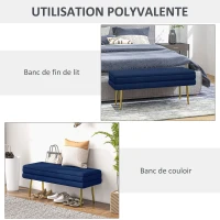 HOMCOM Banc banquette coffre de rangement 2 en 1 assise aspect velours et pieds acier - 100 x 37,5 x 42 cm bleu et doré(m-6)