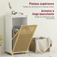 HOMCOM Meuble salle de bain avec panier à linge, porte à lattes en bambou et sac amovible, blanc et effet bois naturel(m-4)