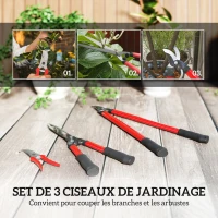 Outsunny Lot de 3 cisailles de jardin ensemble de coupe pour jardinage coupe-branches 65cm taille-haie 51,5cm sécateur 20cm rouge(m-4)