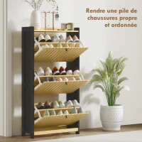 HOMCOM Meuble à chaussures 18 paires avec 3 tiroirs rabattables, portes en bambou à lattes, 60x24x118cm, noir et bois naturel(m-4)