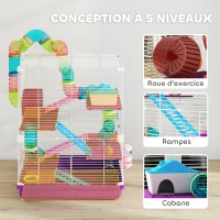 PawHut Cage pour hamster rongeur 4 étages avec tunnels mangeoire roue maison échelles 46 x 30 x 58 cm violet(m-6)