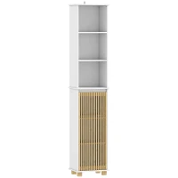 HOMCOM Colonne salle de bain, meuble salle de bain rangement avec porte à lattes en bambou et compartiments ouverts, blanc(m-12)