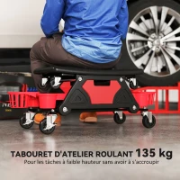 HOMCOM Tabouret d'atelier mobile 135 kg, tabouret de mécanicien avec roulettes rotatif à 360° avec plateaux, 86x33x33cm, rouge(m-4)