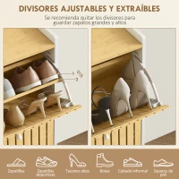HOMCOM Zapatero Estrecho con 2 Puertas de Bambú con Listones Estantes Ajustables para 12 Pares de Zapatos Blanco y Natural(m-5)