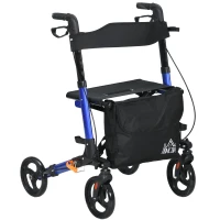HOMCOM 4 Wheel Rollator with Seat and Back, Folding Mobility Walker with Carry Bag, Adjustable Height, Dual Brakes, Cane Holder, Lightweight Aluminium Walking Frame for Seniors and Disabled, Blue(m-1)