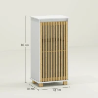 HOMCOM Meuble salle de bain avec panier à linge, porte à lattes en bambou et sac amovible, blanc et effet bois naturel(m-3)