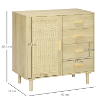 HOMCOM Buffet rotin avec placards à porte cannage et 4 tiroir, 80 x 38 x 80,5 cm, effet bois naturel(m-3)