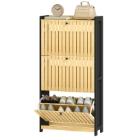 HOMCOM Meuble à chaussures 18 paires avec 3 tiroirs rabattables, portes en bambou à lattes, 60x24x118cm, noir et bois naturel