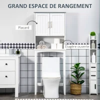 kleankin Meuble WC dessus de toilette avec placard à double porte, étagère réglable et compartiments ouverts, blanc(m-4)