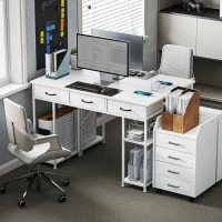 HOMCOM Bureau avec rangement avec prises de courant, 3 tiroirs en tissu et 4 étagères de rangement, 120 x 40 x 76 cm, blanc(m-8)