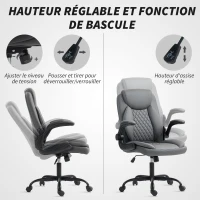 HOMCOM Fauteuil de bureau, chaise bureau ergonomique avec accoudoirs relevables, hauteur réglable, fonction de bascule, gris(m-6)