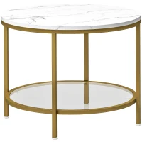 HOMCOM Table basse salon ronde moderne à 2 niveaux plateau effet marbre et étagère en verre trempé, Ø 60 x 45 cm, blanc et doré(m-11)