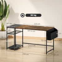 HOMCOM Bureau d'ordinateur 150 x 60 cm avec étagères de rangement réversibles et sac en tissu, pour petits espaces, marron(m-3)