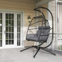 Outsunny Hängestuhl, Faltbarer Korbstuhl mit Kissen, Stahlrahmen, für drinnen und draußen, bis zu 260 kg belastbar, Dunkelgrau(m-8)
