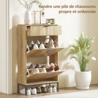 HOMCOM Meuble à chaussures 8 paires avec tiroir coulissant, 2 tiroirs rabattables, étagères réglables, 60x24x105,5cm, chêne(m-4)