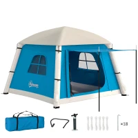 Outsunny Inflatable Camping Tent w/ Hand Pump, Easy Setup 1/2 Person Blow Up Tent Waterproof 190T Taffeta w/ Mesh Windows, Doors and Carry Bag, Light Blue(m-1)