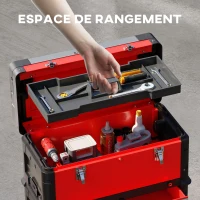 HOMCOM Lot de 3 boîtes à outils sur roulettes empilables et modulaires en acier avec plateau, poignées et serrure, rouge(m-5)