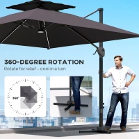 Outsunny 3.5x3 m Garden Cantilever Parasol with Solar LED Lights and Centre Light, Aluminium Large Square Patio Umbrella, UPF50+ Hanging Sun Shade with Cross Base, Crank Handle and Tilt, Grey(m-8)