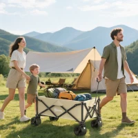 Outsunny Folding Garden Trolley, Outdoor Wagon Cart with Carry Bag, for Beach, Camping, Festival, 120KG Capacity, Khaki(m-2)