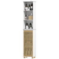 HOMCOM Colonne salle de bain, meuble salle de bain rangement avec porte à lattes en bambou et compartiments ouverts, blanc
