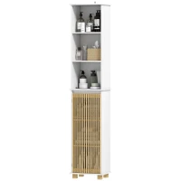 HOMCOM Colonne salle de bain, meuble salle de bain rangement avec porte à lattes en bambou et compartiments ouverts, blanc(m-1)