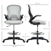 Vinsetto Silla de Dibujo Giratoria con Soporte Lumbar Reposapiés Ajustable y Reposabrazos Abatibles 59x65x102-122 cm Gris Claro(m-3)
