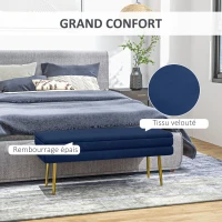 HOMCOM Banc banquette coffre de rangement 2 en 1 assise aspect velours et pieds acier - 100 x 37,5 x 42 cm bleu et doré(m-4)