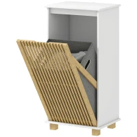 HOMCOM Meuble salle de bain avec panier à linge, porte à lattes en bambou et sac amovible, blanc et effet bois naturel(m-1)