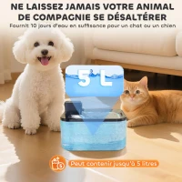 PawHut Fontaine à eau pour chat automatique en inox 5L, silencieuse, distributeur eau chat 3-étapes filtre chargeur USB, argent(m-5)