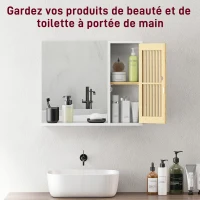 HOMCOM Armoire de salle de bain avec miroir, étagère, porte à lattes en bambou et étagère réglable, blanc(m-5)